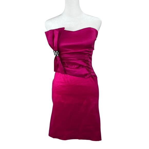 VTG Rory USA Fuchsia Pink Satin Strapless Bow Bodycon Party Mini Dress Junior XS - Picture 1 of 15
